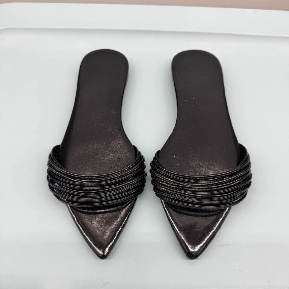 Size 37 - Womens Black Pointed Toe Multi Strap Slide Sandals Flat Slip On Shoes